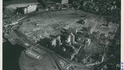 A historoci image of West End Boston, cleared completely of buildings to make way for a massive urban renewal program that would include the city's present-day City Hall.