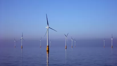 Offshore wind turbines at Barrow Offshore Wind off Walney Island in the Irish Sea 