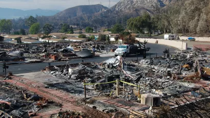 The remains of a mobile home park in Sylmar, California. 480 of the park's 600 mobile homes were burned in the Sayre Fire in November 2008.