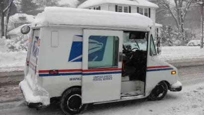 USPS truck in winter, Lexington Massachusetts