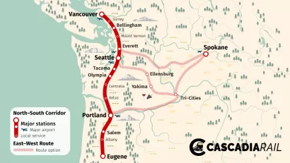 A map of a planned high-speed rail connecting Portland to Seattle and Vancouver.