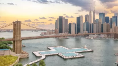 Rendering of plus-shaped floating pool next to Brooklyn Bridge in East River.
