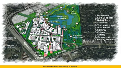 Rendering of mixed-use development with parks and stormwater retention on former Houston landfill site
