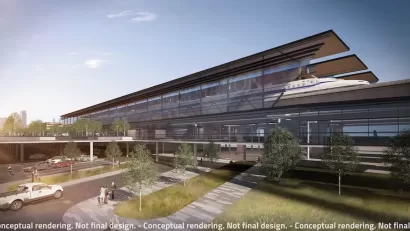 Rendering of proposed modern glass high-speed rail station in Houston, Texas.
