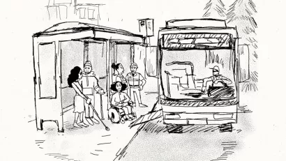 Line drawing of busy streetcar on city street.
