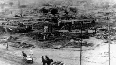 The image shows a portion of the African American neighborhood that was overrun by white rioters May 31-June 1, 1921. With force of numbers and superior weapons, they defeated the black defenders in a number of engagements.