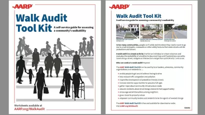 The cover of the AARP Walk Audit Tool Kit shows silhouettes of people crossing a street.