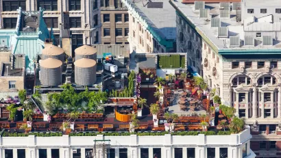 Aerial view of rooftop garden in New York City.