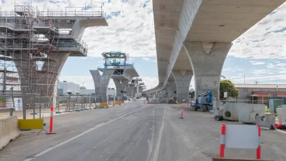 View of highway overpass under construction from underneath.