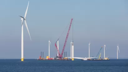 Construction site of offshore wind farm near the Dutch coast.