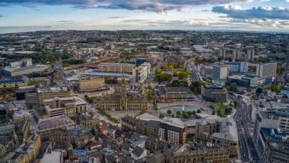 Aerial view of dense historic urban area of Bradford, United Kingdom.