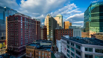 View of buildings in downtown Baltimore, Maryland.
