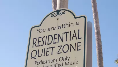 Close-up of "Residential Quiet Zone" sign.