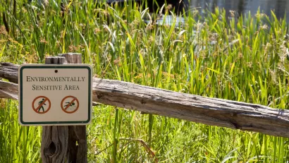 "Environmentall sensitive area" sign on rustic wooden fence with tall green grass in background.