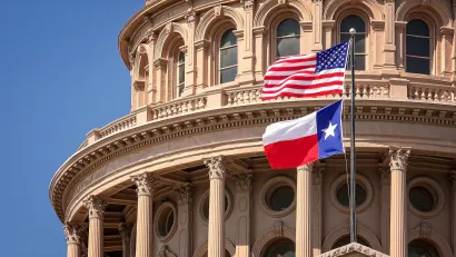 US and Texas flags flying in front of Texas state capitol dome in Austin, Texas.