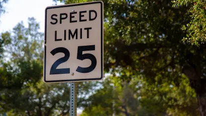 Black and white 25 mph speed limit sign.