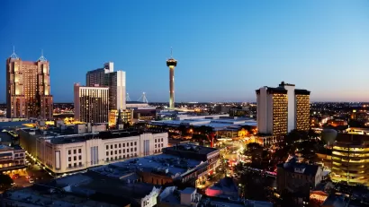 View of downtown San Antonio, Texas at dusk.