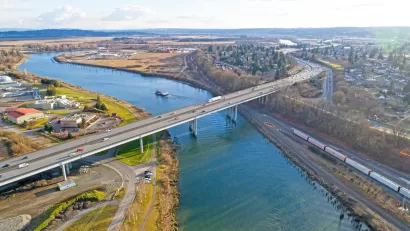 Aerial view of Snohomish River and I-5 bridge in Everett, Washington.