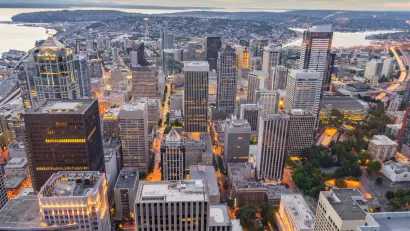 Aerial view of downtown Seattle, Washington at dusk.
