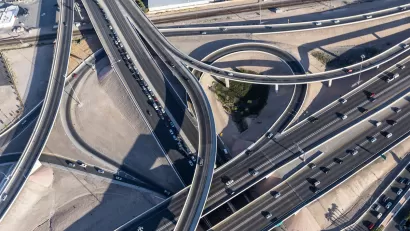 Aerial view of freeway interchange in downtown Las Vegas