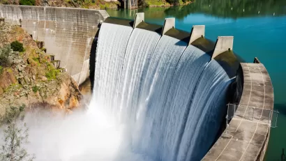 Water flowing over top of Englebright Dam in Northern California.
