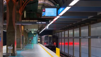 Empty platform at Los Angeles Metro subway station.