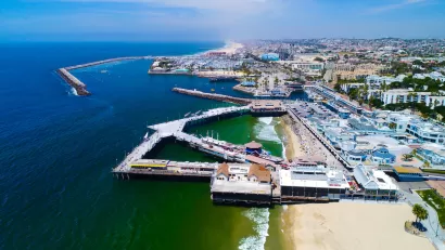 Aerial view of Redondo Beach Pier in Redondo Beach, California on the Pacific Ocean.