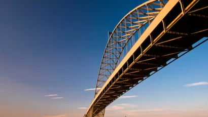View from underneath Fremont Bridge in Portland, Oregon over Willamette River.