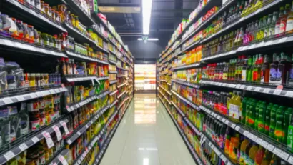 View of grocery store aisle.