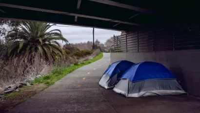 Two blue and white tents on a paved bike trail under an overpass in San Diego, California with palm tree and vegetation on one side