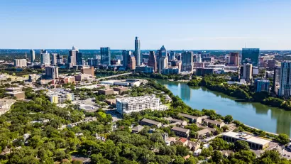 View of Austin, Texas skyline with river in foreground