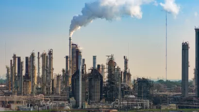 Smoke coming out of stack at petrochemical plant in Louisiana.