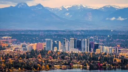 Bellevue, Washington skyline against mountains