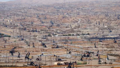 View of vast oil drilling field with black oil derricks near Bakersfield, California