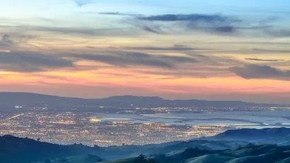 View of Santa Clara valley in San Francisco Bay Area at dusk.