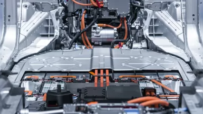 Close-up of electric car battery.