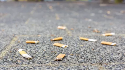Flattened cigarette butts littering a sidewalk