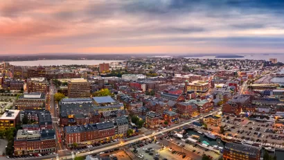 Aerial view of Portland, Maine at dusk.