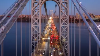 View of traffic on George Washington Bridge between New Jersey and New York City.