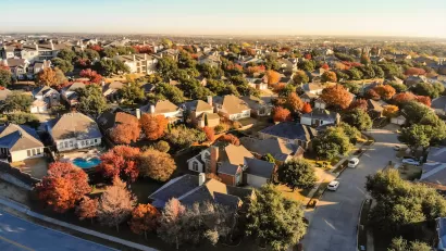 Aerial view of single-family suburban neighborhood in Dallas, Texas.