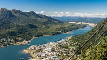 Aerial view of Juneau, Alaska town and waterfront from aerial tram.
