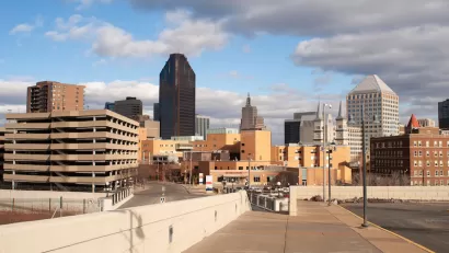View of parking structures and downtown St. Paul, Minnesota skyline.