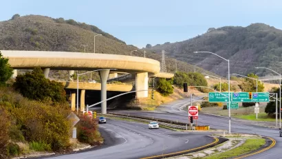 Freeway in San Mateo, California with overpass.