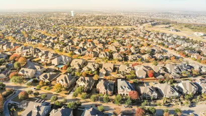 Aerial view of suburban sprawl with large single-family homes near Dallas, Texas.
