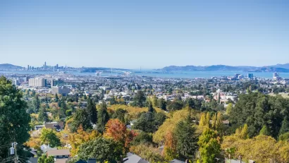View of San Francisco Bay on sunny day from residential area of Oakland, California.