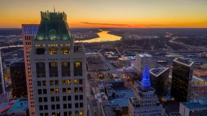 Tulsa, Oklahoma city skyline at sunset