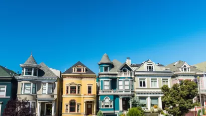 Row of colorful 'Painted Ladies' Victorian homes in San Francisco, California.