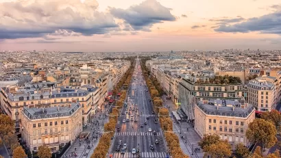 Aerial view of Champs Elysees boulevard in Paris, France.