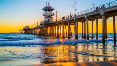 Huntington Beach, CA pier at sunset.