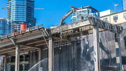 Elevated viaduct in Seattle, Washington being demolished.